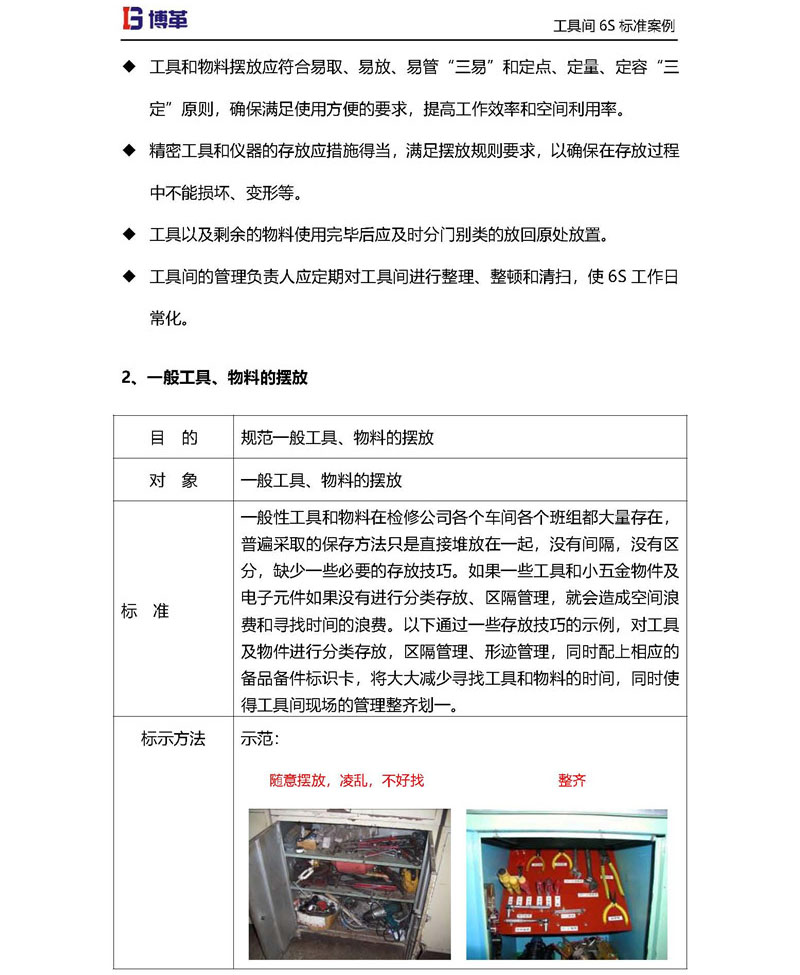 工具間一般工具，物料的擺放